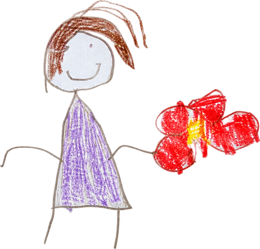 빨간 꽃을 든 보라색 옷의 아이 그림
